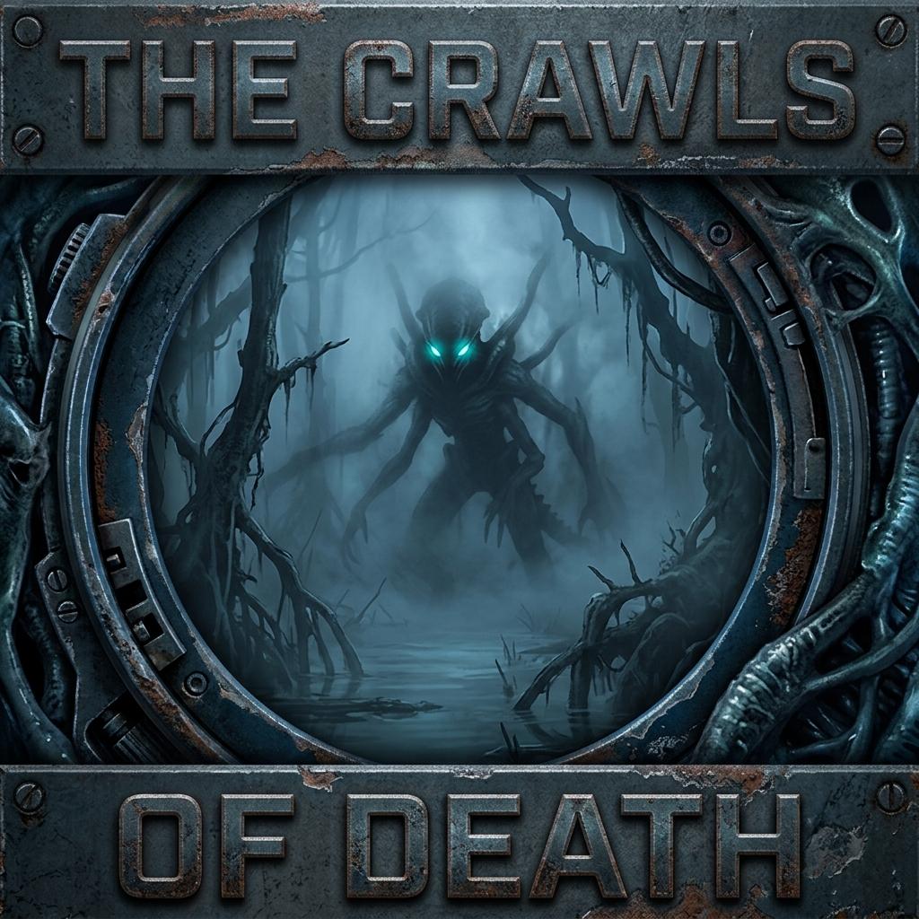 The Crawls of Death game logo and title artwork, with a shadowy creature with glowing cyan eyes in a flooded forest