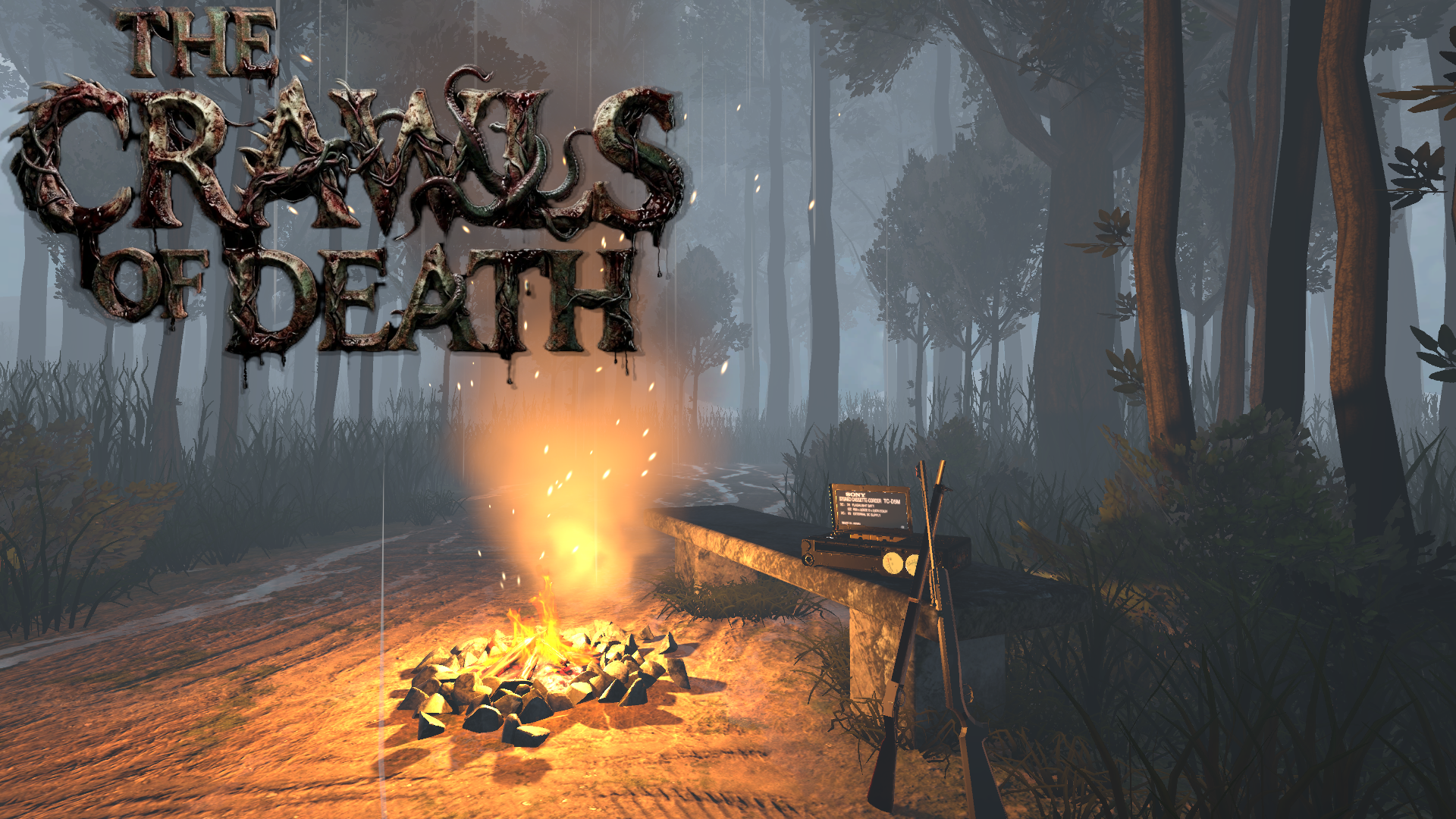 Gameplay screenshot of a campfire and field radio in a foggy forest